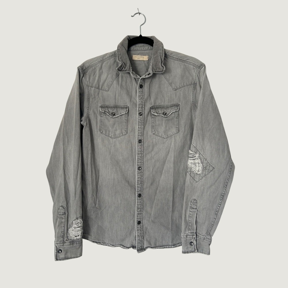 Allsaints Giro Shirt Western Regular Fit Men's Size S Grey Distressed Pearl Snap